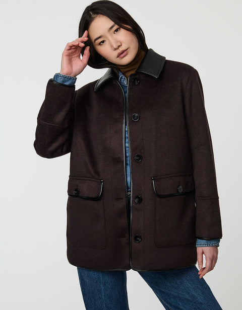 Pennlock Utility Coat for women blending wool-feel knit and faux leather with patch pockets.