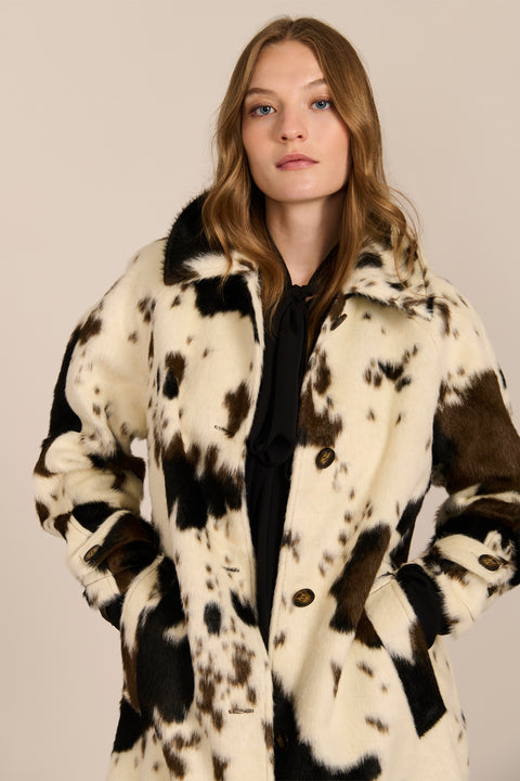 Women's faux calf hair car coat with oversized collar, button-front closure and cuff-tab details.