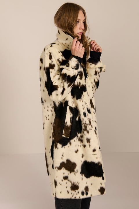 Women's faux calf hair car coat with oversized collar, button-front closure and cuff-tab details.