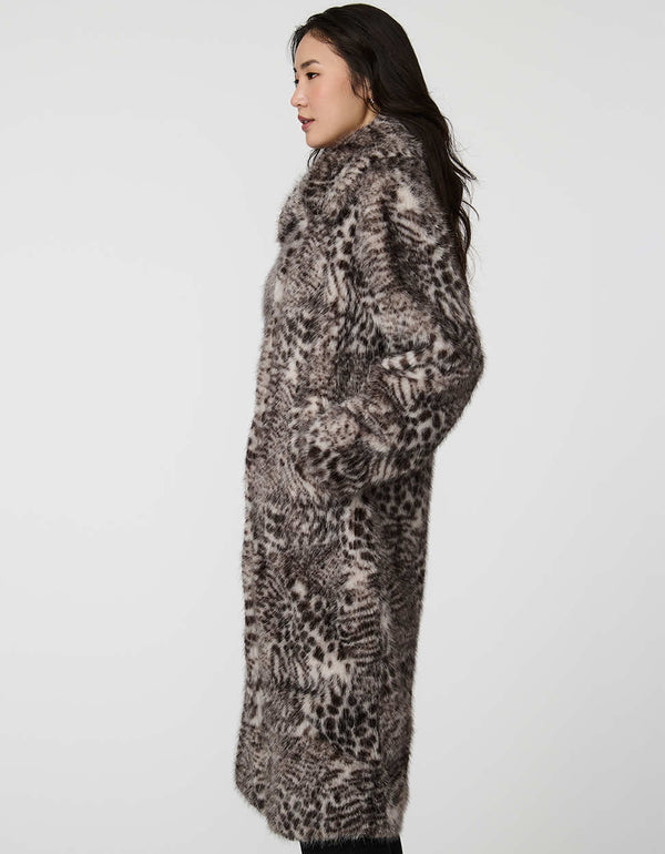 Vesper Leopard Print Faux Fur Coat for women in a sleek calf-length silhouette.
