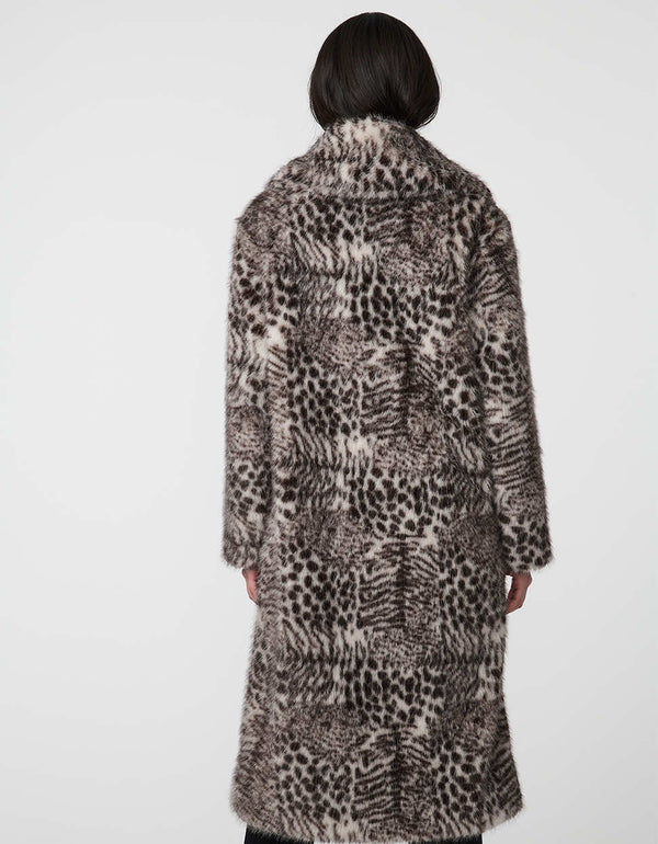 Vesper Leopard Print Faux Fur Coat for women in a sleek calf-length silhouette.