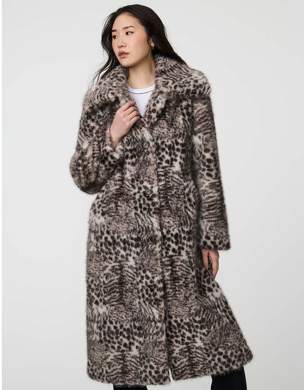 Vesper Leopard Print Faux Fur Coat for women in a sleek calf-length silhouette.