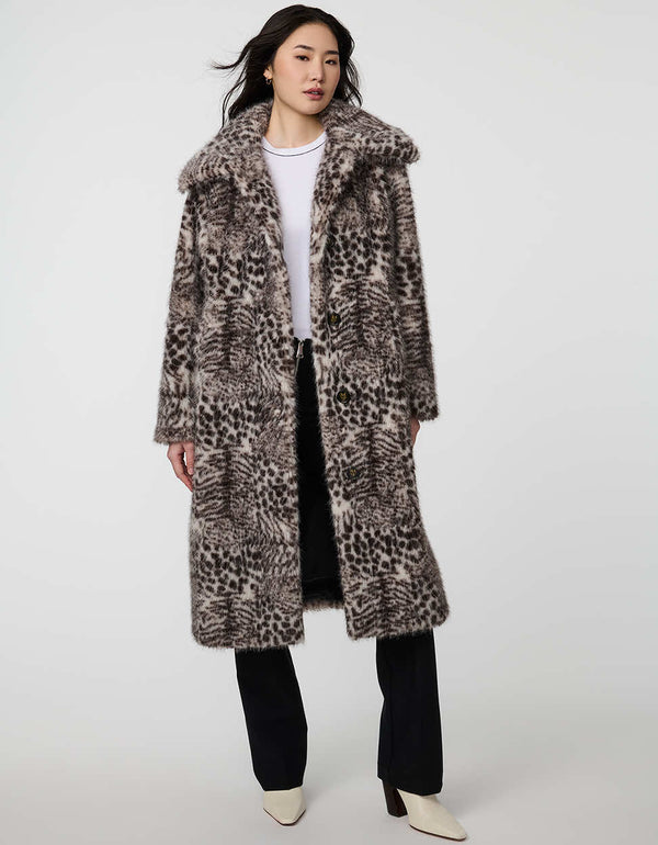 Vesper Leopard Print Faux Fur Coat for women in a sleek calf-length silhouette.