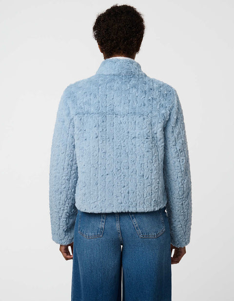 Cropped groove-textured faux fur jacket with button front and flap chest pockets for stylish layering.