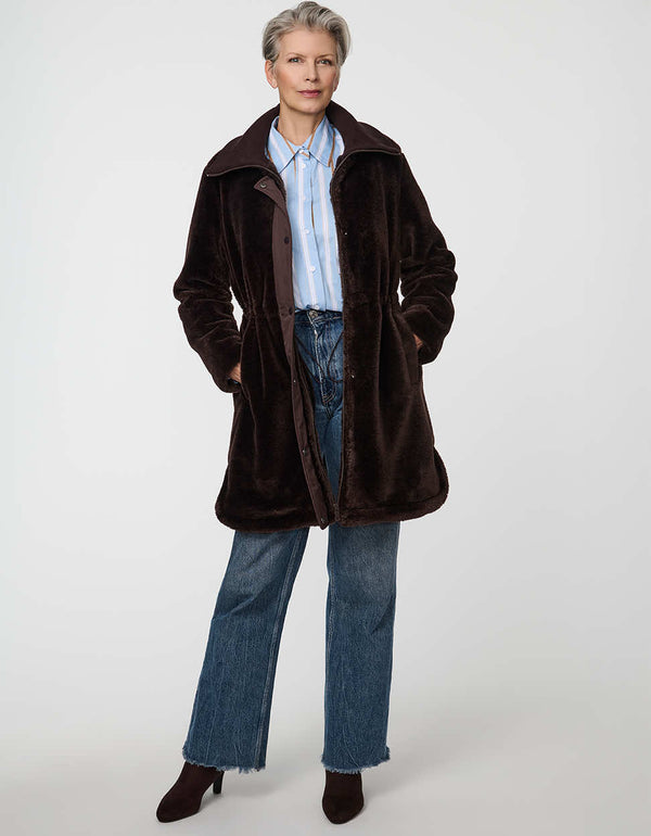 Plush Briarfield Sherpa Anorak featuring zip-up collar, cinched waist, and modern silhouette.