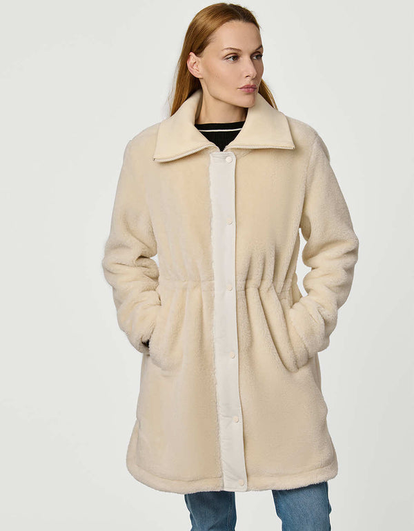 Plush Briarfield Sherpa Anorak featuring zip-up collar, cinched waist, and modern silhouette.