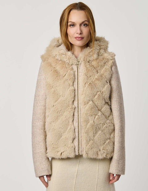 Hip-length faux fur coat with jacquard diamond pattern, wool sleeves, cozy hood, and zip closure for modern style.