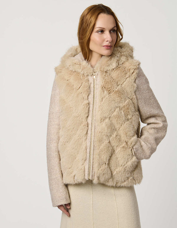 Hip-length faux fur coat with jacquard diamond pattern, wool sleeves, cozy hood, and zip closure for modern style.