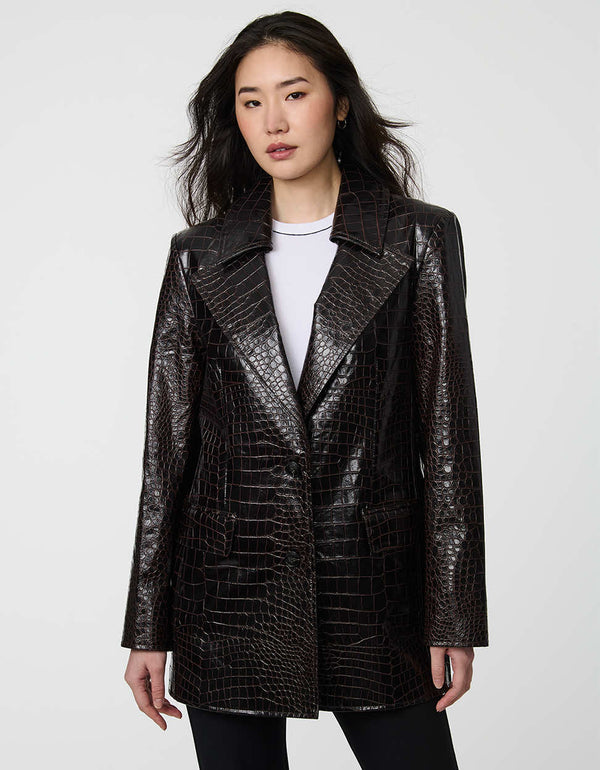 Langston Croc Embossed Blazer in faux leather with polished lapels and single-breasted style.