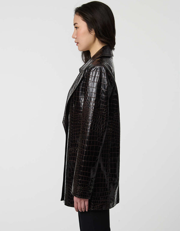 Langston Croc Embossed Blazer in faux leather with polished lapels and single-breasted style.