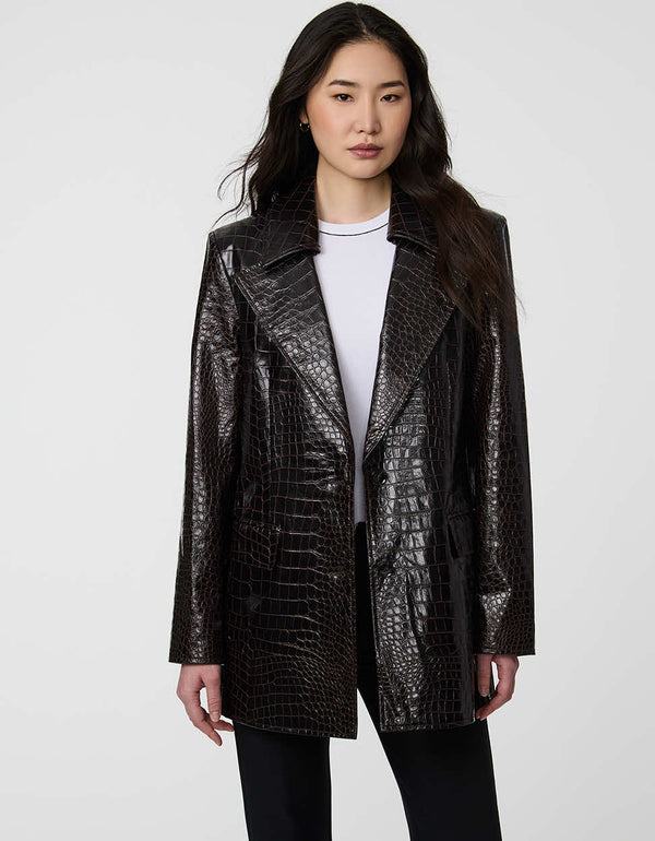 Langston Croc Embossed Blazer in faux leather with polished lapels and single-breasted style.