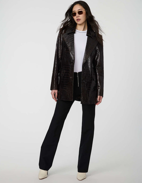 Langston Croc Embossed Blazer in faux leather with polished lapels and single-breasted style.