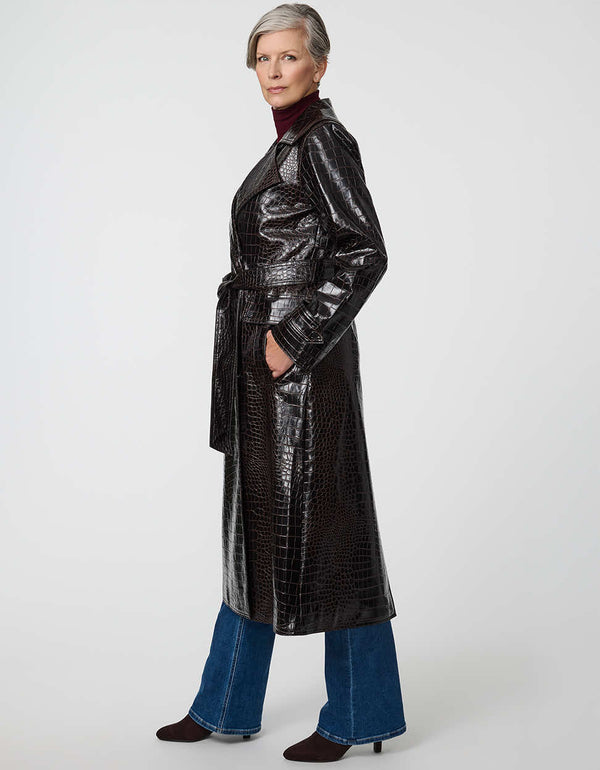 Carrington Faux Croc Trench Coat with belted waist and flap pockets in a classic fit.