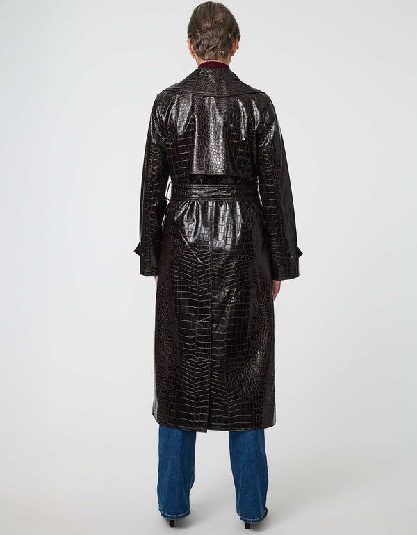 Carrington Faux Croc Trench Coat with belted waist and flap pockets in a classic fit.