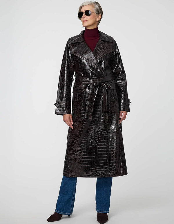 Carrington Faux Croc Trench Coat with belted waist and flap pockets in a classic fit.