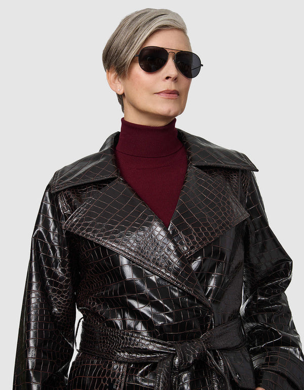 Carrington Faux Croc Trench Coat with belted waist and flap pockets in a classic fit.