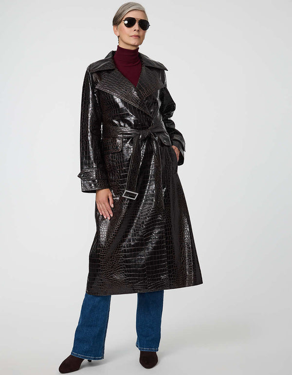 Carrington Faux Croc Trench Coat with belted waist and flap pockets in a classic fit.