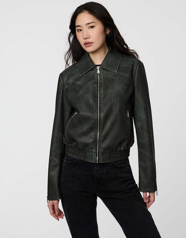 Women's Archer Bomber Jacket in faux leather with zippered pockets and clean collar.