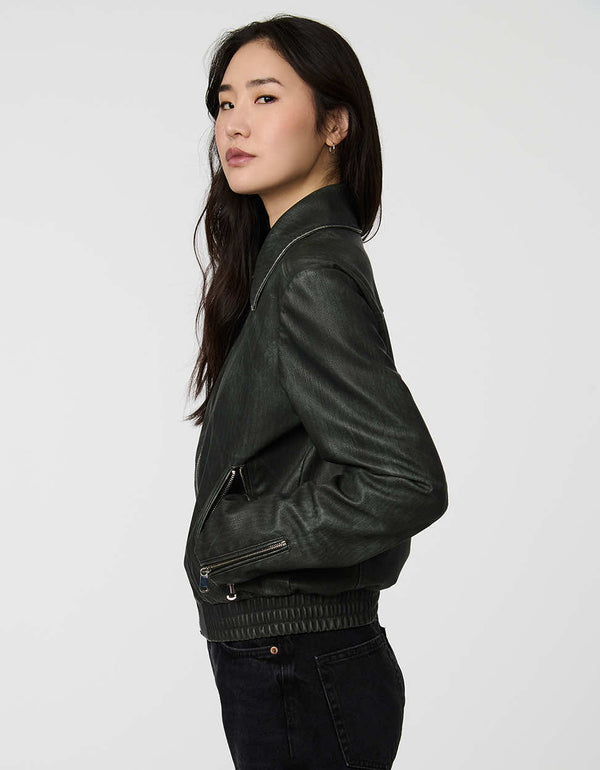 Women's Archer Bomber Jacket in faux leather with zippered pockets and clean collar.