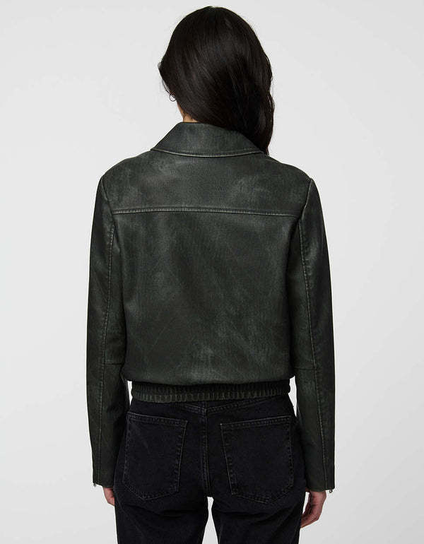 Women's Archer Bomber Jacket in faux leather with zippered pockets and clean collar.