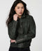 Women's Archer Bomber Jacket in faux leather with zippered pockets and clean collar.