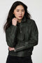Women's Archer Bomber Jacket in faux leather with zippered pockets and clean collar.
