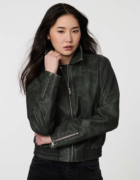 Women's Archer Bomber Jacket in faux leather with zippered pockets and clean collar.