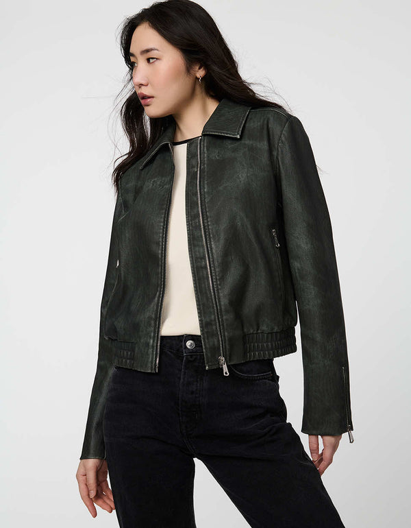 Women's Archer Bomber Jacket in faux leather with zippered pockets and clean collar.