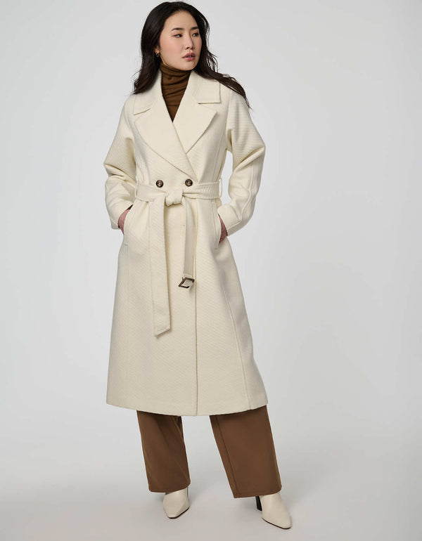Women's Whitaker Twill Coat with double-breasted wrap design and sleek welt pockets.