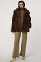 Hip-length faux fur coat with oversized collar, four-button single-breasted front, and welt pockets.