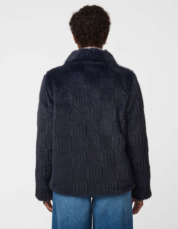 Soft faux fur jacket with square-pattern texture, snap buttons, and stand collar for cold-weather elegance.