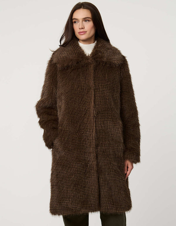 Knee-length ostrich-textured faux fur coat with oversized collar, discreet clip closures, and welt pockets.