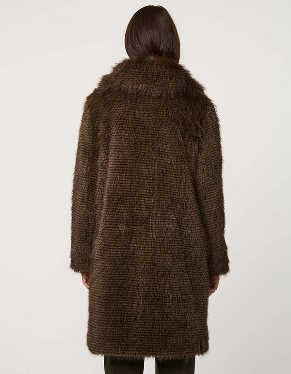 Knee-length ostrich-textured faux fur coat with oversized collar, discreet clip closures, and welt pockets.
