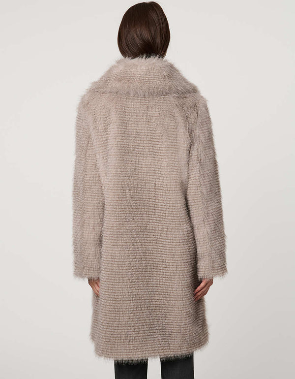 Knee-length ostrich-textured faux fur coat with oversized collar, discreet clip closures, and welt pockets.