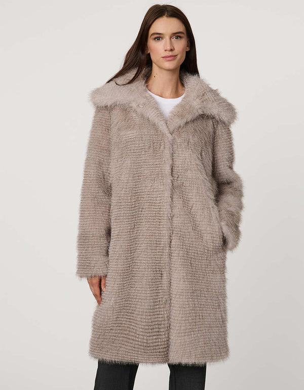 Knee-length ostrich-textured faux fur coat with oversized collar, discreet clip closures, and welt pockets.