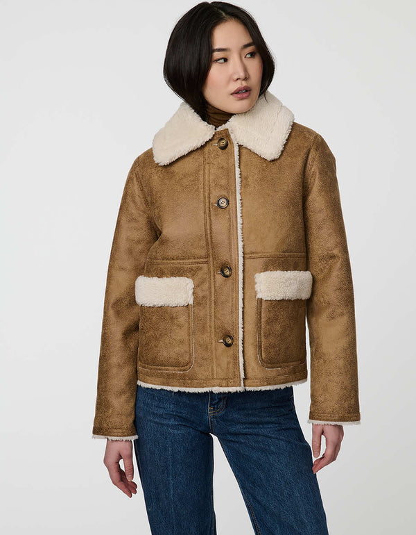 Halden Faux Suede Jacket with sherpa lining and vintage aviator design.