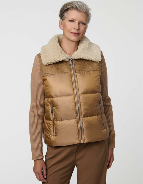 Breck Puffer Jacket combining a puffer body with knit sleeves and faux shearling collar.