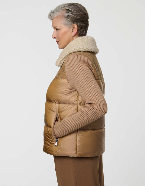 Breck Puffer Jacket combining a puffer body with knit sleeves and faux shearling collar.