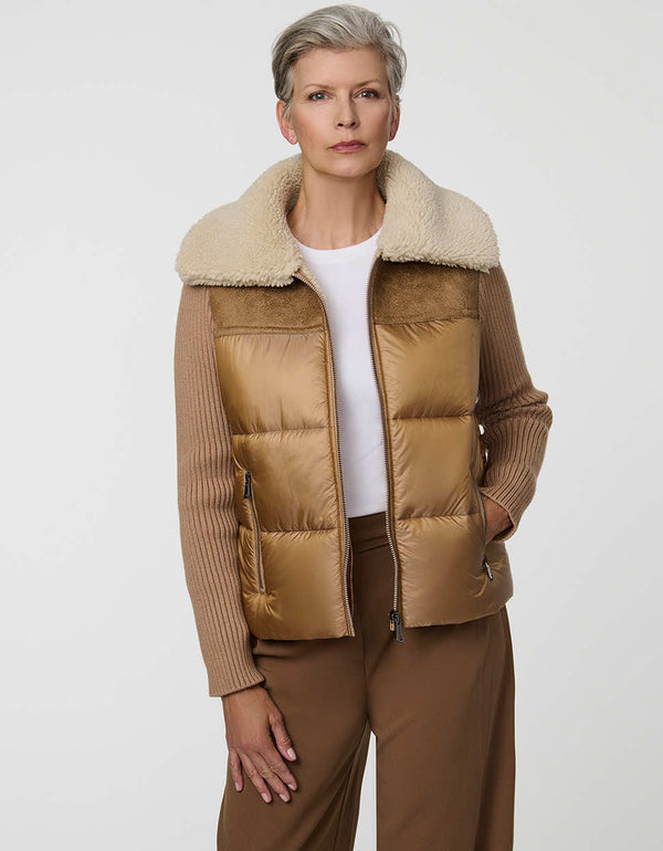 Breck Puffer Jacket combining a puffer body with knit sleeves and faux shearling collar.