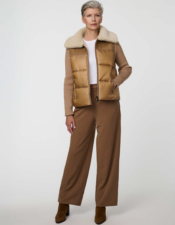 Breck Puffer Jacket combining a puffer body with knit sleeves and faux shearling collar.