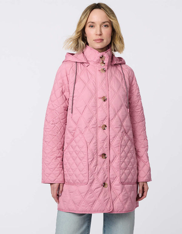 Lightweight quilted puffer jacket for women. The perfect spring layer with drawstring hood and oversized pockets,