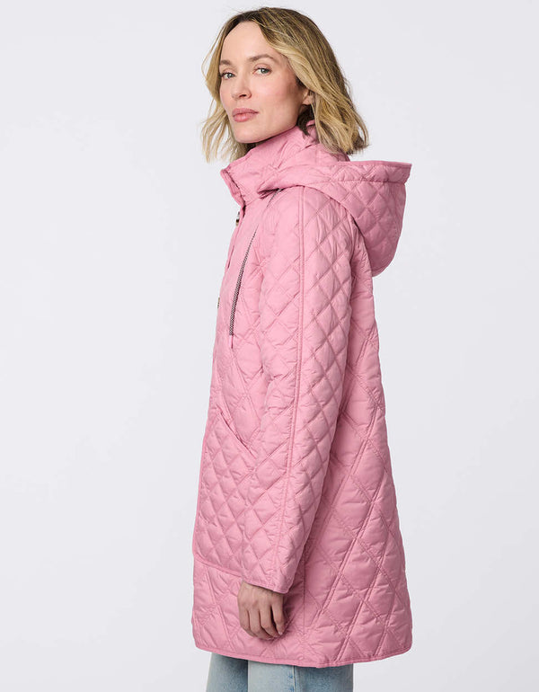 Lightweight quilted puffer jacket for women. The perfect spring layer with drawstring hood and oversized pockets,