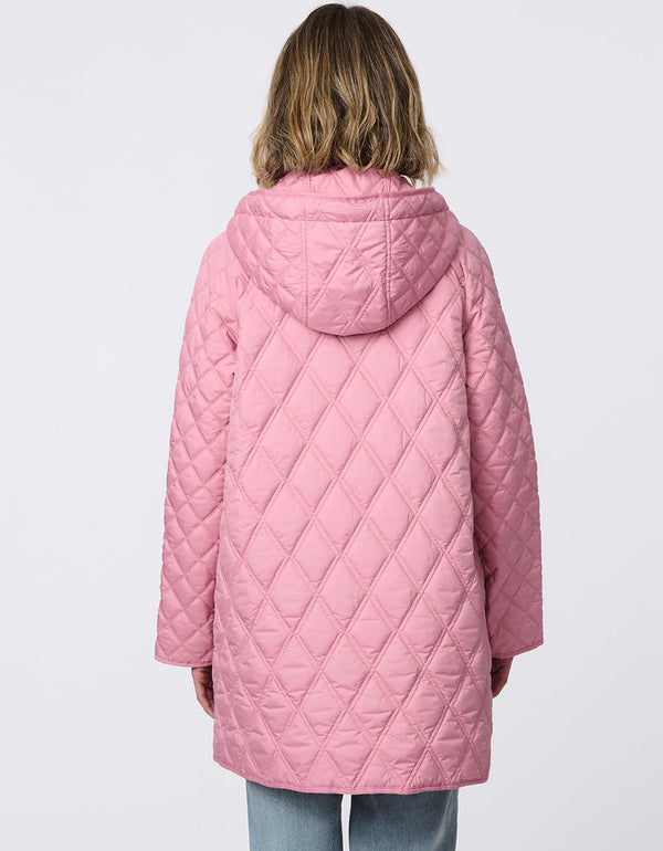 Lightweight quilted puffer jacket for women. The perfect spring layer with drawstring hood and oversized pockets,