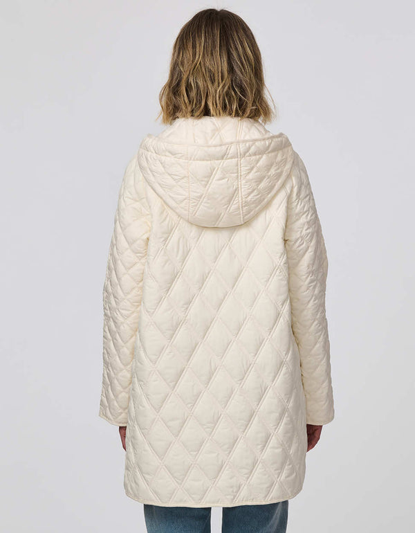 Lightweight quilted puffer jacket for women. The perfect spring layer with drawstring hood and oversized pockets,