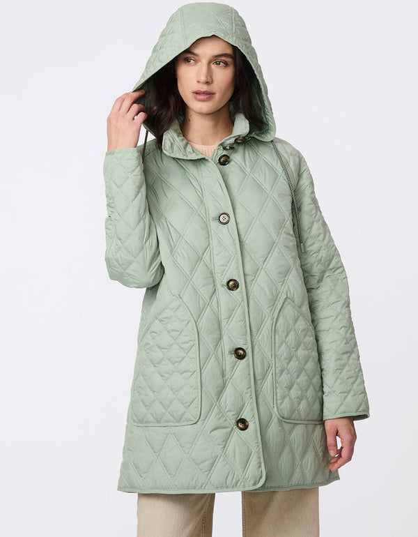 Lightweight quilted puffer jacket for women. The perfect spring layer with drawstring hood and oversized pockets,