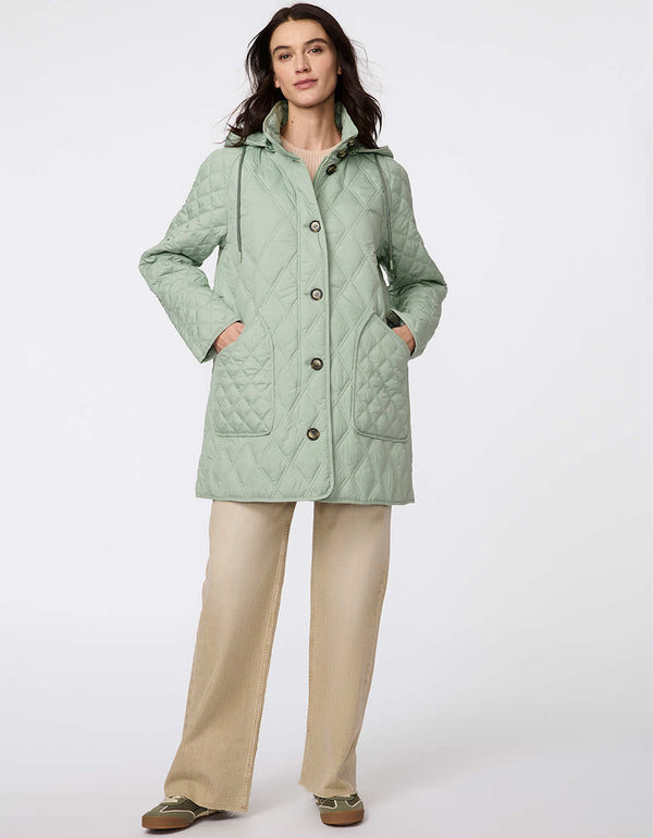 Lightweight quilted puffer jacket for women. The perfect spring layer with drawstring hood and oversized pockets,