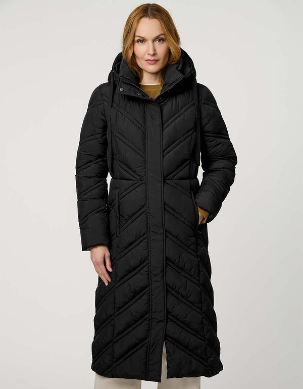 Long quilted puffer coat with chevron stitching, funnel neck, hood with drawstrings, and lightweight Ecoplume fill.