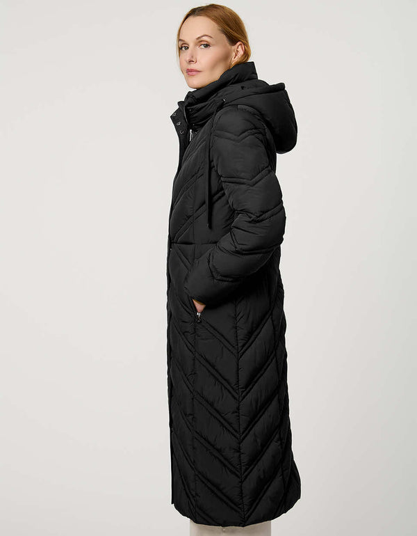 Long quilted puffer coat with chevron stitching, funnel neck, hood with drawstrings, and lightweight Ecoplume fill.