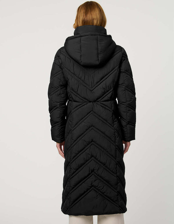 Long quilted puffer coat with chevron stitching, funnel neck, hood with drawstrings, and lightweight Ecoplume fill.