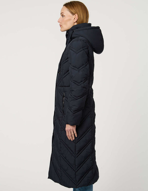 Long quilted puffer coat with chevron stitching, funnel neck, hood with drawstrings, and lightweight Ecoplume fill.